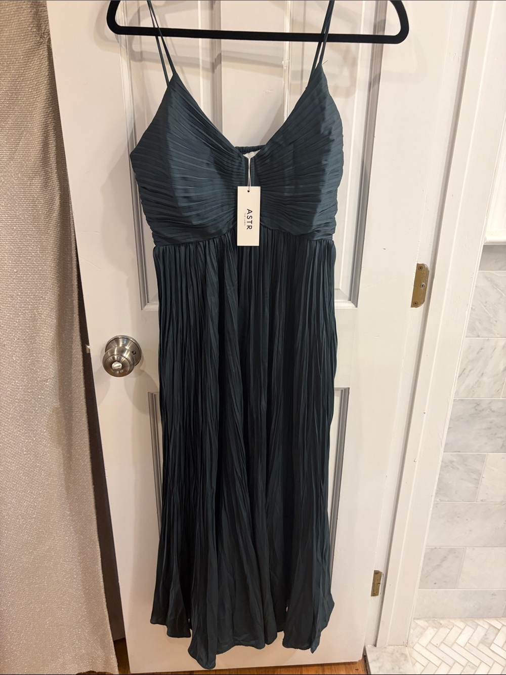 Astr Pleated Spaghetti-Strap Maxi Dress in Teal Blue